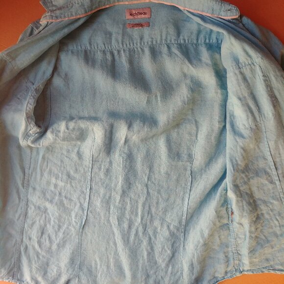 100% linen bright blue Mens linen shirt tailored fit approx Small - Picture 7 of 9